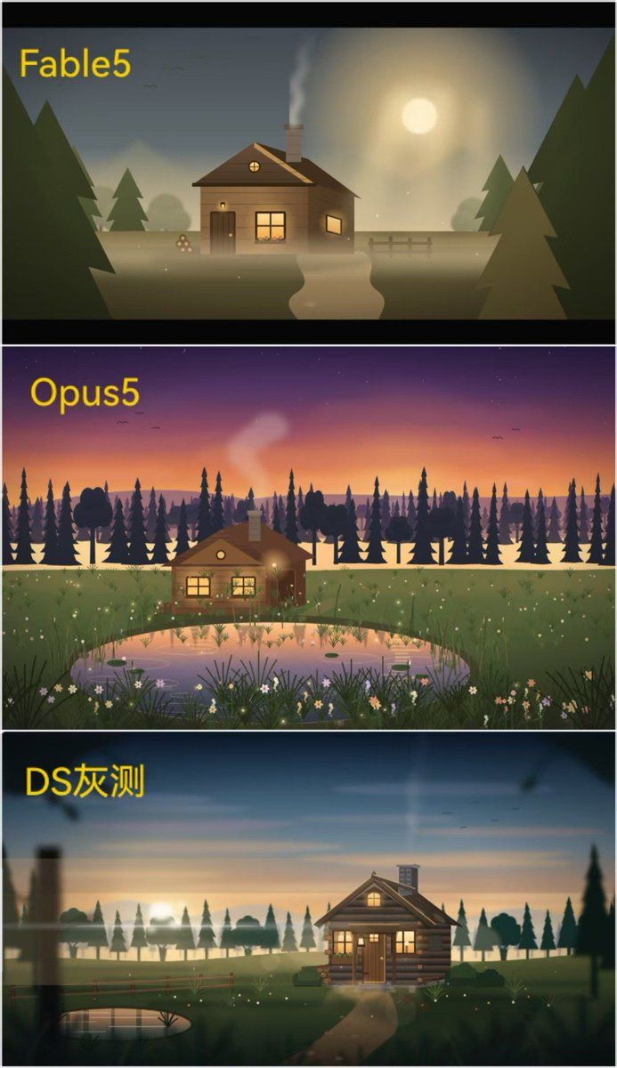 同一任务在 Fable 5、Opus 5 与 DeepSeek 灰测版本下的输出对比（Max For AI 推文配图）