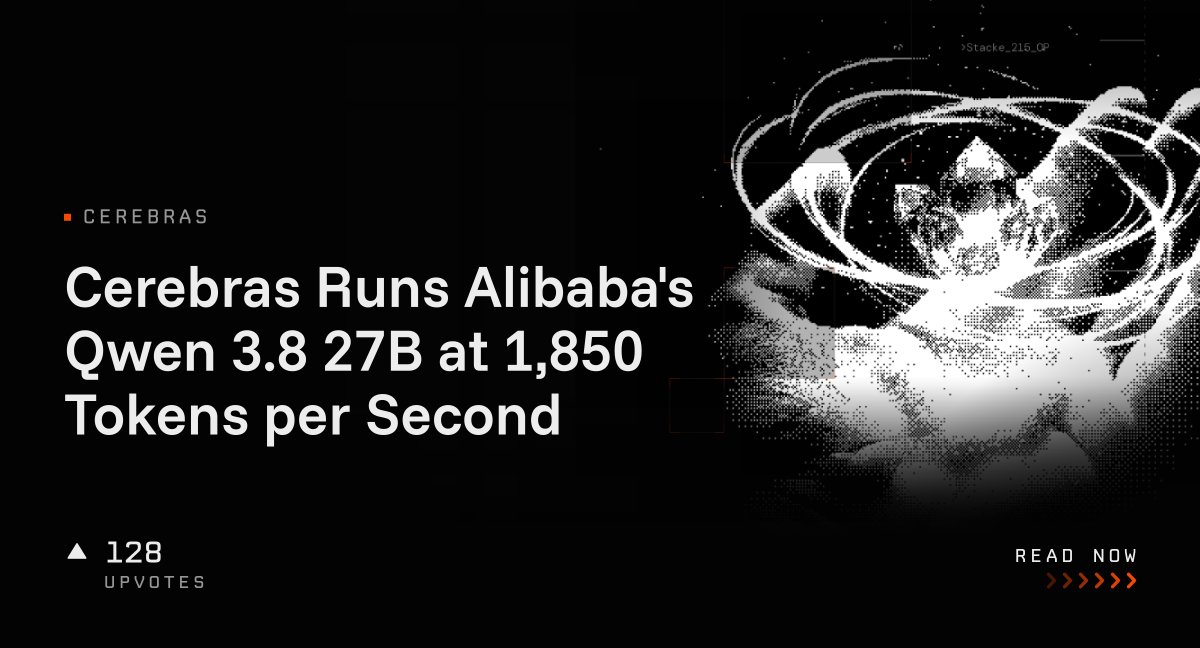 AlphaSignal 的报道卡片：Cerebras 以约 1,850 tokens/s 运行 Qwen3.8-27B