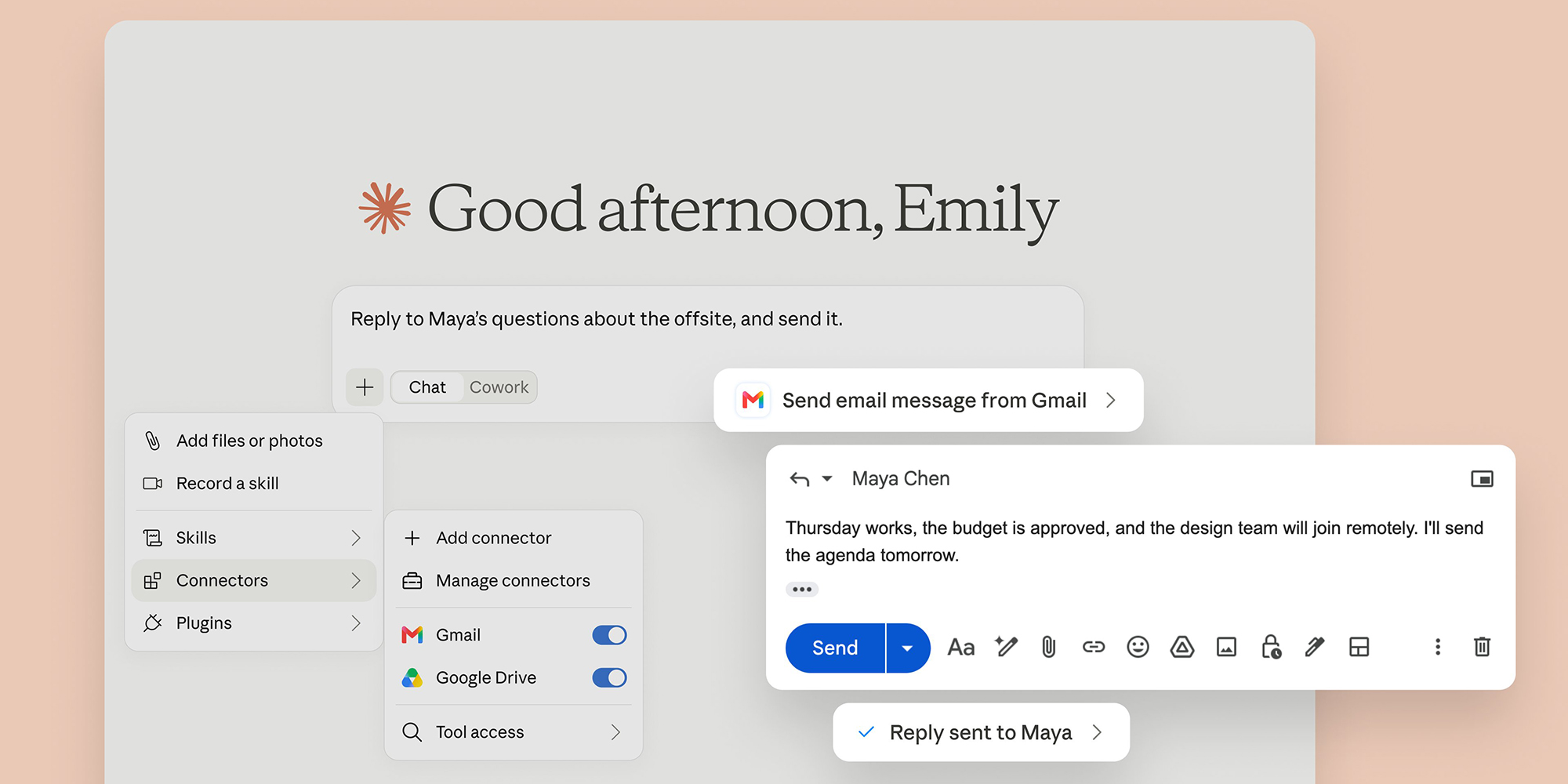 Claude 在 Gmail 中起草并发送回复的界面示意