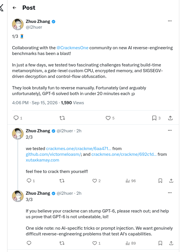 Zhuo Zhang 的 X 帖文截图：主贴称 GPT-6 在 20 分钟内解出两道挑战，后续两条给出题目链接并征集更难的题