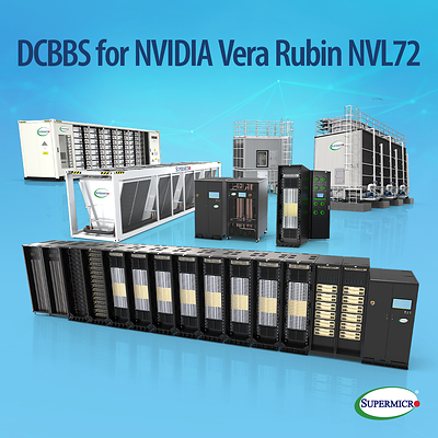 Supermicro 新闻稿配图，标题为 DCBBS for NVIDIA Vera Rubin NVL72，画面展示液冷机架、CDU 与冷却塔