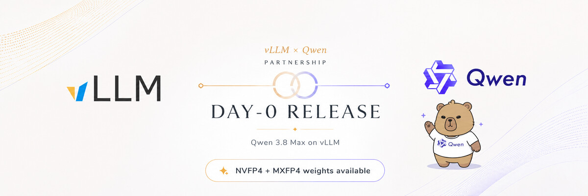 vLLM 官方博客的发布横幅：主标题 DAY-0 RELEASE，标注 Qwen 3.8 Max on vLLM 与 NVFP4 + MXFP4 weights available