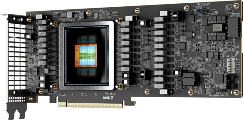 MI350P 拆去散热罩后的板卡：中央为 GPU 裸片与 4 颗 HBM3E 堆栈，无风扇设计（ServeTheHome 图）