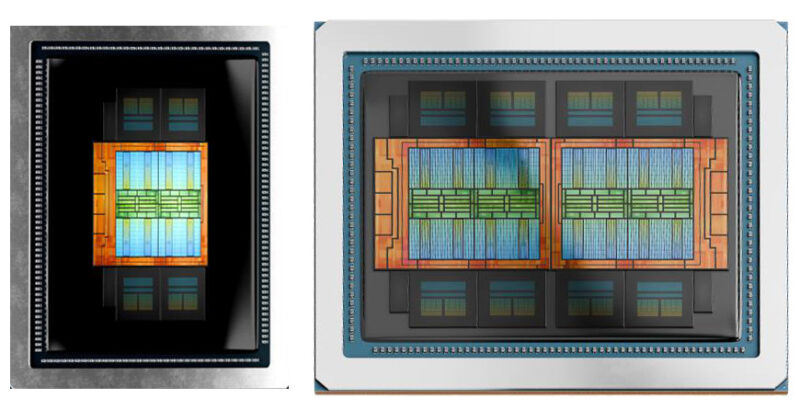 MI350P（左）与 MI350X（右）芯片并排对比，右侧封装明显更大（ServeTheHome 图）