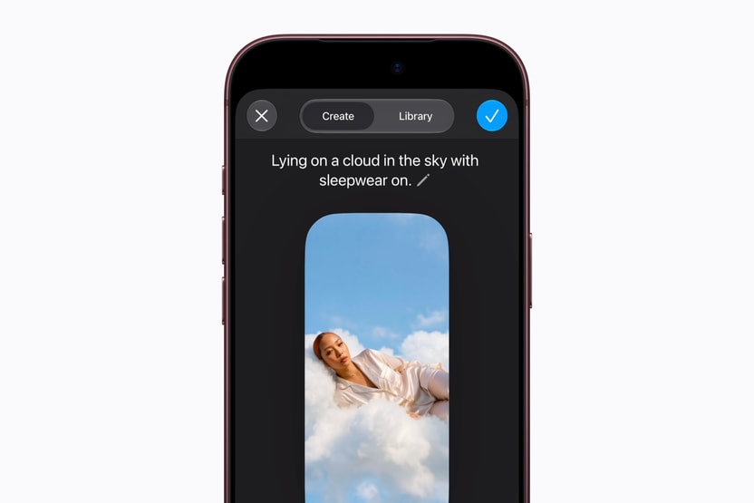Apple 的 Image Playground 界面在 iPhone 上生成一张躺在云上的写实图像