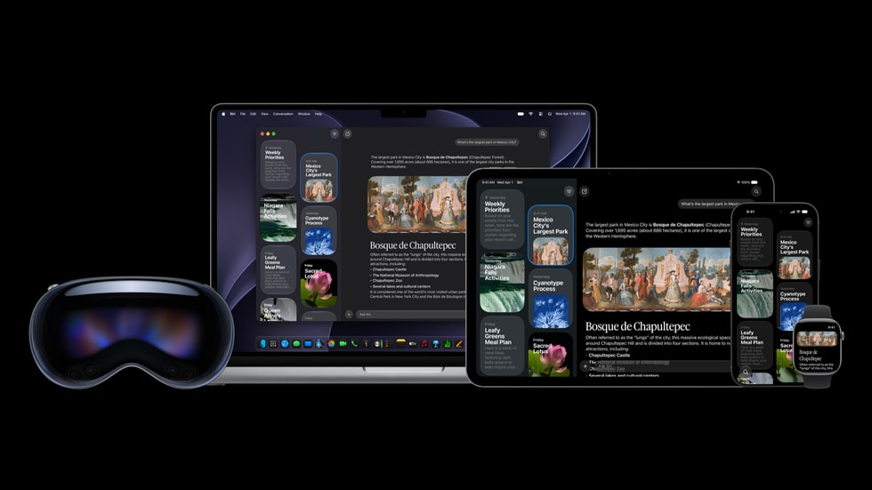 新版 Siri 应用在 Mac、iPad、iPhone、Apple Watch 和 Apple Vision Pro 之间同步同一段对话