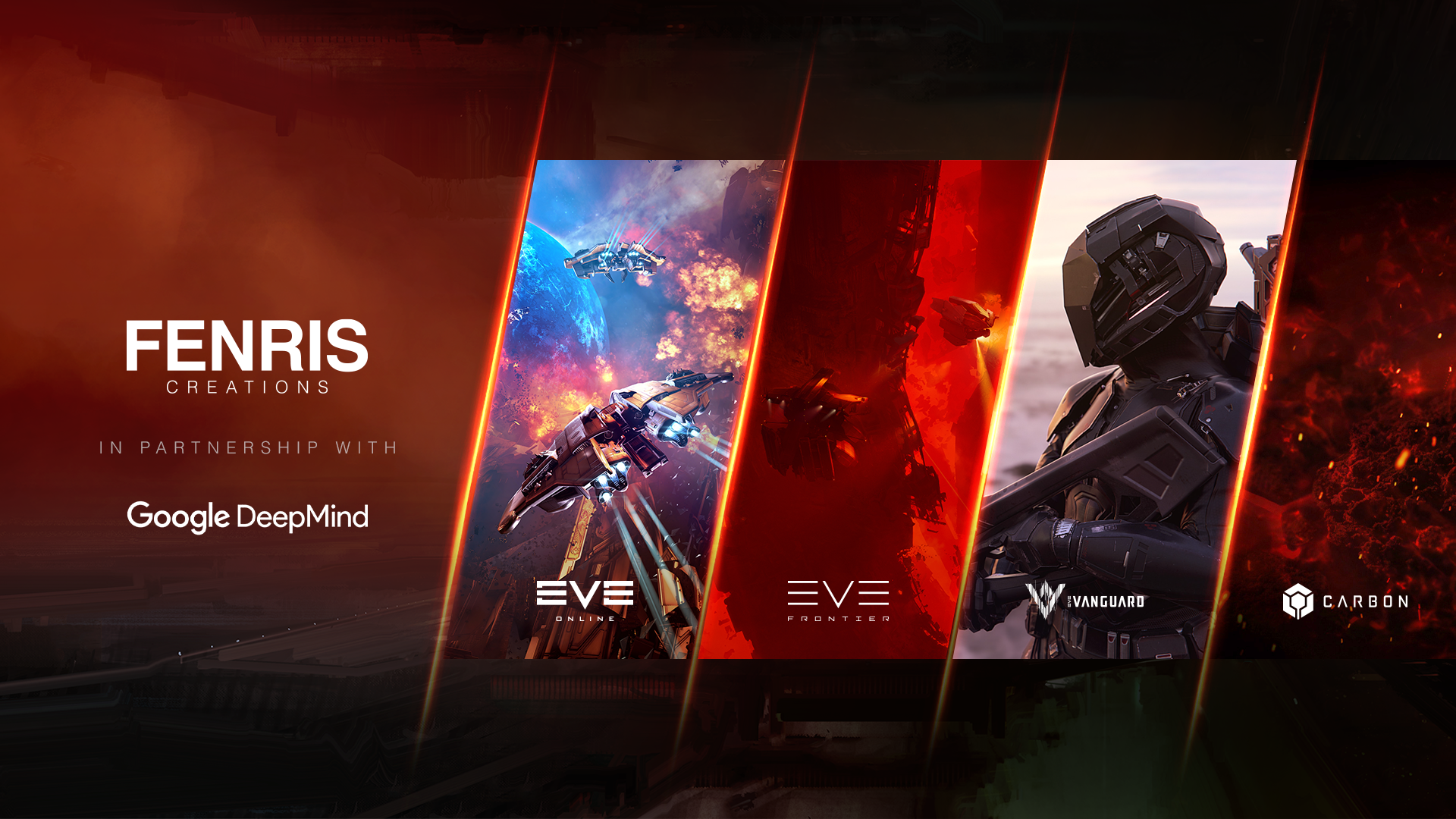 Fenris Creations 与 Google DeepMind 合作官宣图，含 EVE Online、EVE Frontier、EVE Vanguard 与 CARB0N 标识（来源：Fenris Creations 官网新闻稿）