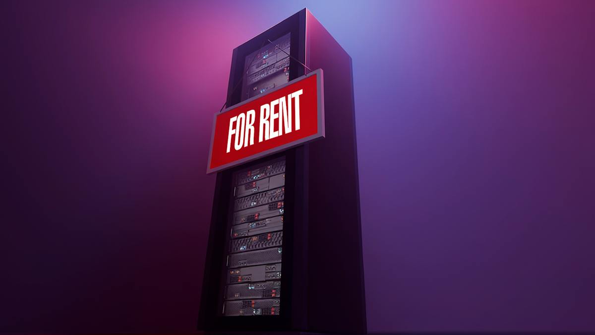The Information 报道配图：一台挂着「FOR RENT」（招租）招牌的服务器机柜