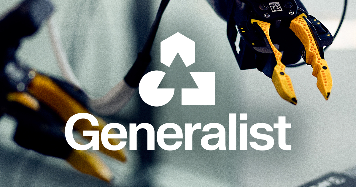 Generalist 官网横幅：机器人夹爪与品牌标识