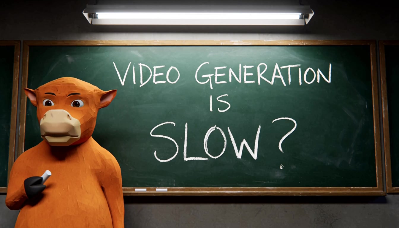 NVIDIA Sol-H3 项目页主视觉海报,黑板上的文字是「Video generation is slow?」