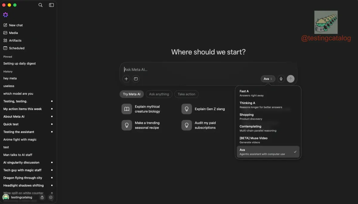 TestingCatalog 截图中，Meta AI 桌面应用模型列表里的 Ava 条目，描述为“Agentic assistant with computer use”
