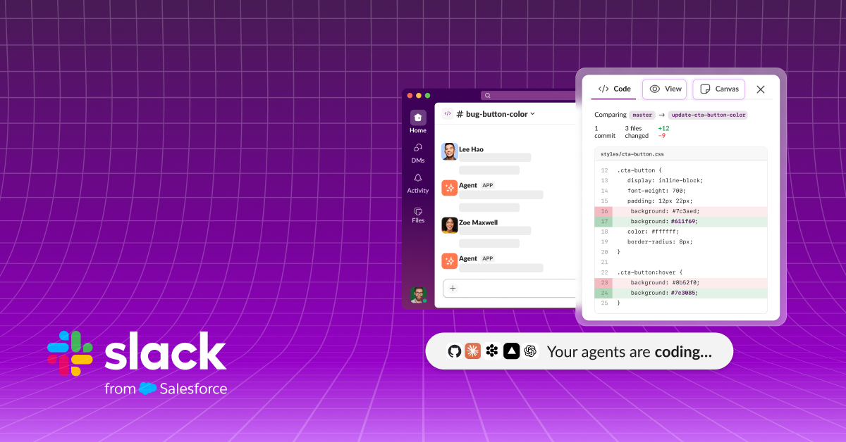 Slack 官方发布的 Slack Code 宣传图：code channel 里的对话、代码 diff 对比面板与实时预览（图：Slack）