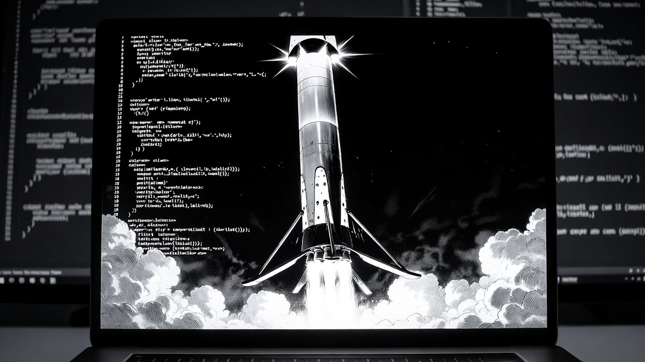 VentureBeat 首发报道题图：笔记本电脑屏幕上，火箭在烟云中升空的插画画面，由 VentureBeat 用 Grok Imagine 生成