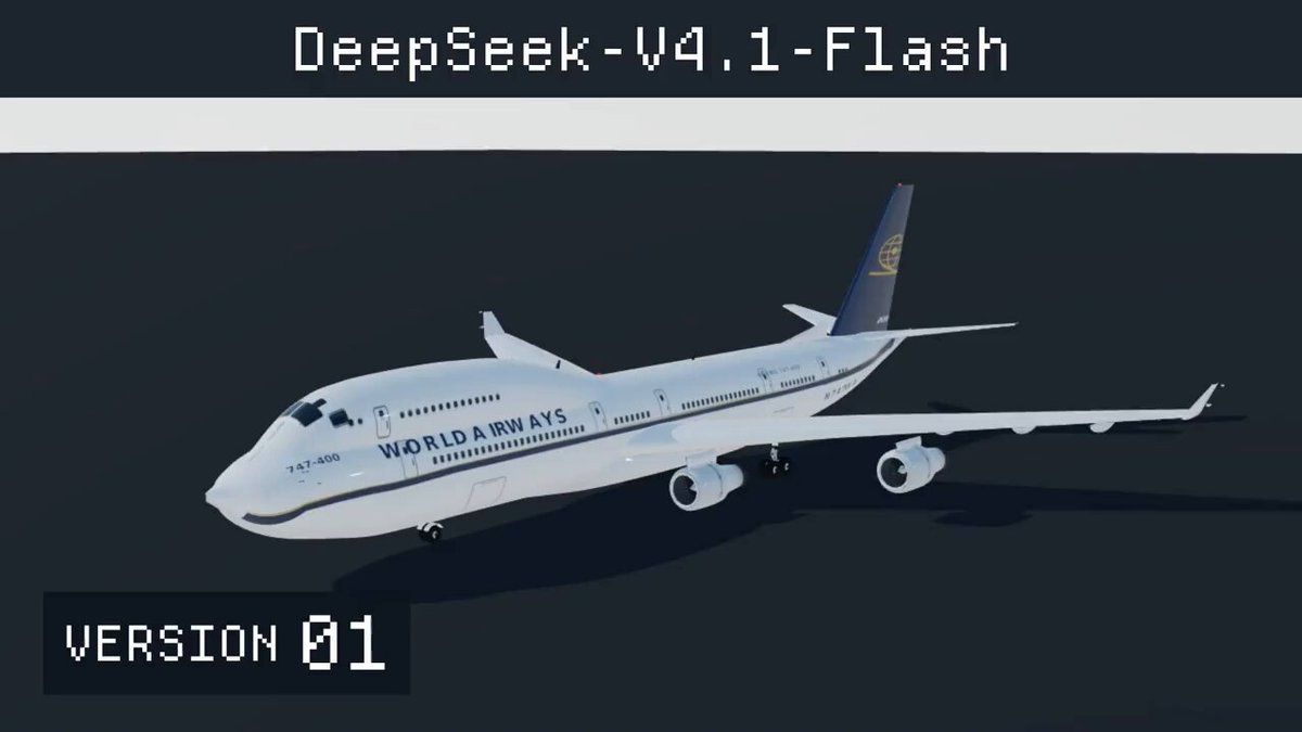 Victor M 随帖视频的封面：横幅写着 DeepSeek-V4.1-Flash，下方是 THREEJS 渲染的 Boeing 747