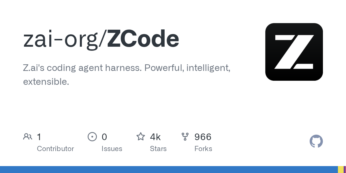 ZCode 在 GitHub 上的开源仓库卡片：zai-org/ZCode，显示约 4k stars 与 966 forks
