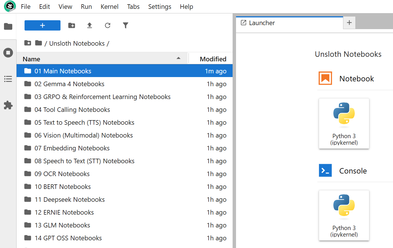 JupyterLab 里的 Unsloth Notebooks 目录：示例按主题分为 01 Main 到 14 GPT OSS 共 14 组