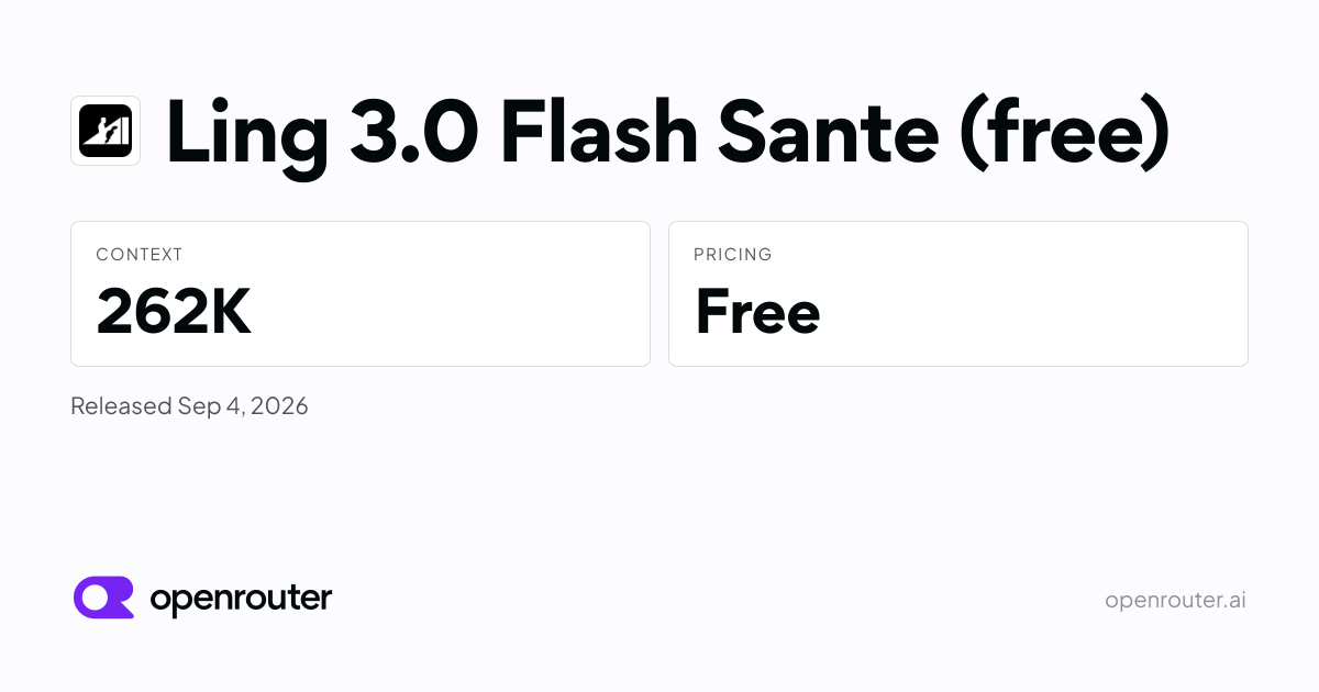 OpenRouter 官方模型页分享卡：Ling 3.0 Flash Sante（free），上下文 262K，定价 Free，发布于 2026 年 9 月 4 日