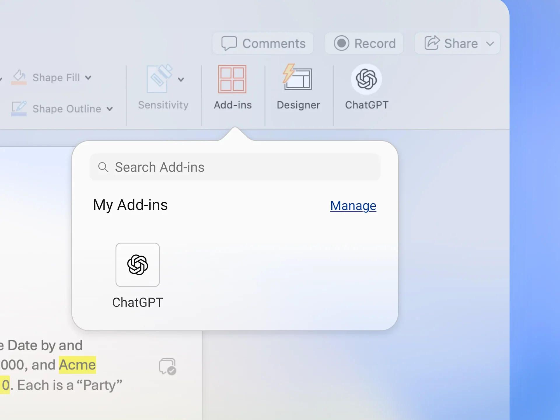 OpenAI「ChatGPT for Word」产品页配图：Office 应用功能区中出现 ChatGPT 加载项，My Add-ins 面板列出 ChatGPT