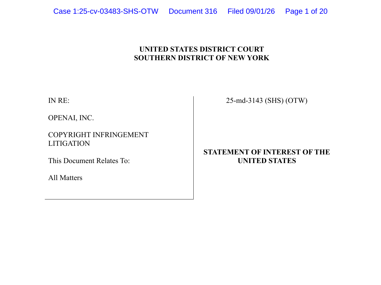 美国政府利益声明书首页：In re OpenAI Copyright Infringement Litigation，案号 25-md-3143 (SHS)，2026 年 9 月 1 日归档
