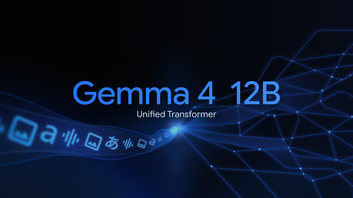 Gemma 4 12B 的官方宣传图：Unified Transformer 字样下方，图像与音频图标沿一条光带汇入中心