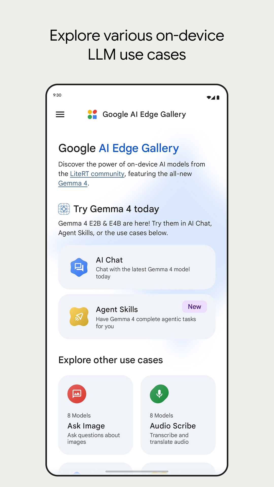 Google AI Edge Gallery 应用主界面：AI Chat、Agent Skills，以及 Ask Image 与 Audio Scribe 两个用例入口