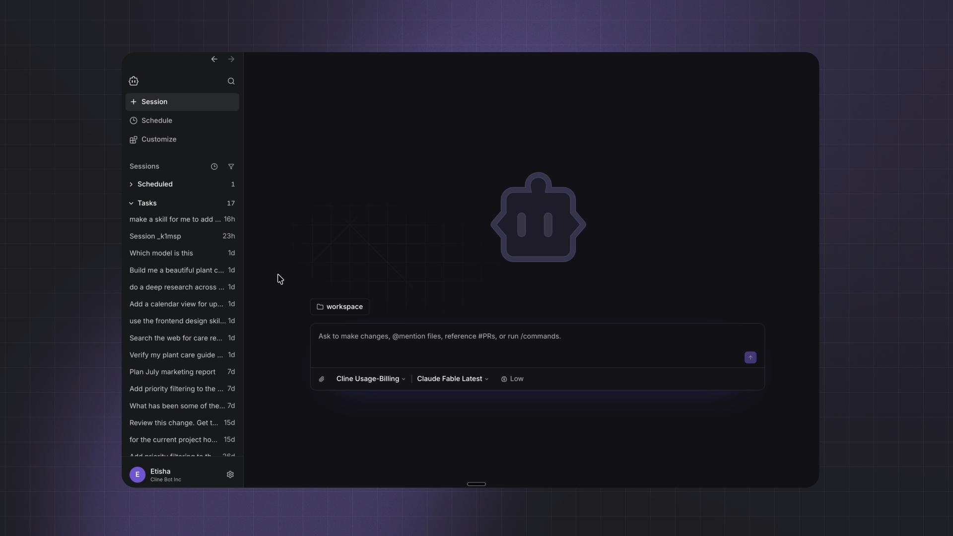 Cline Desktop 的会话界面：左侧栏列出 Session、Schedule、Customize 与按时间排列的历史任务，中间是工作区输入区