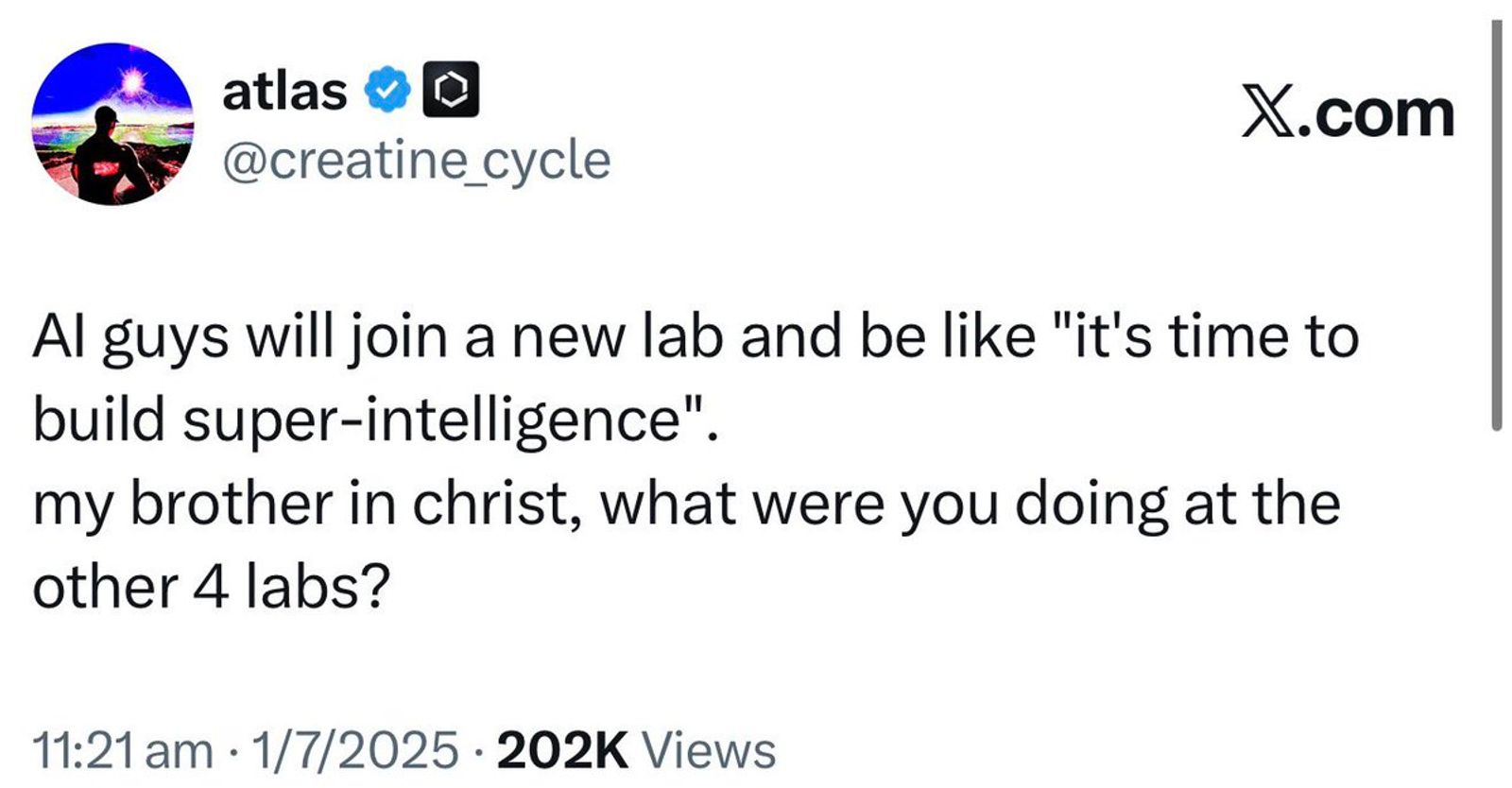 社区反应：@creatine_cycle 引用转推官宣帖时配发的跳槽梗图（2025 年 1 月推文截图）