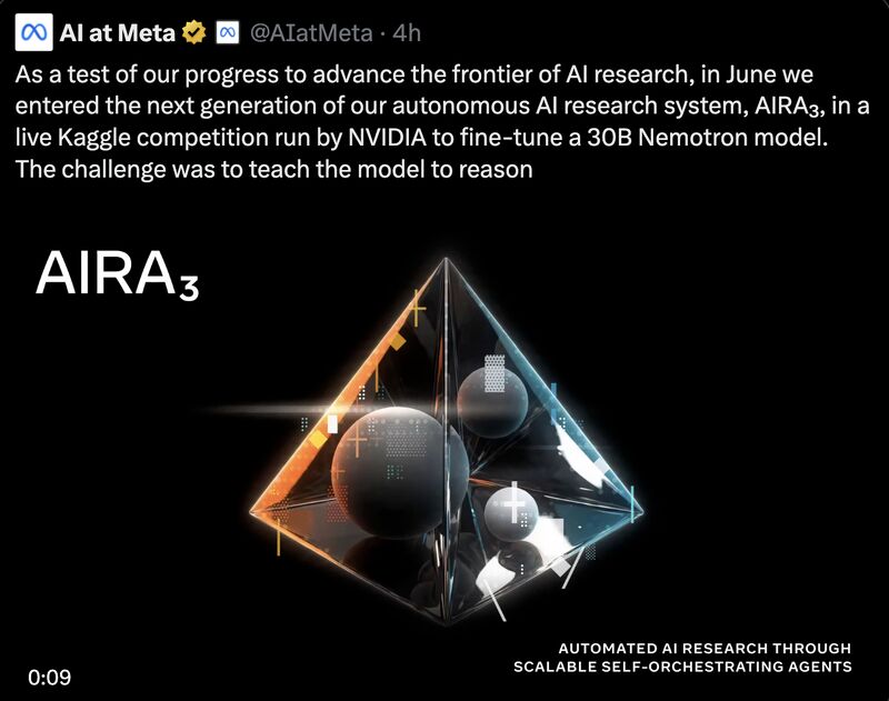 AI at Meta 官宣推文截图与 AIRA₃ 宣传视频画面