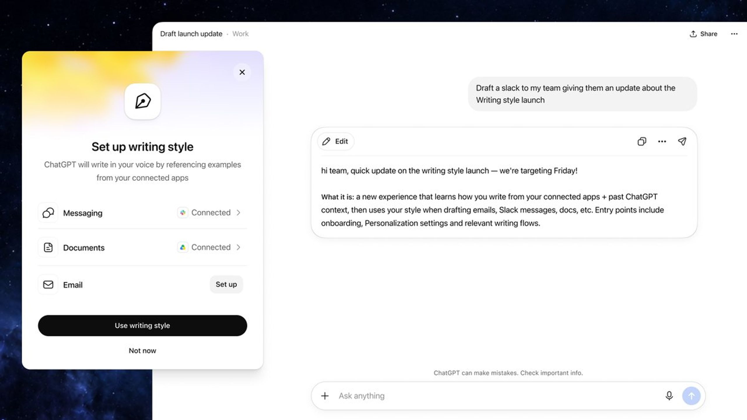 OpenAI 官方公告配图：ChatGPT Work「Set up writing style」设置引导弹窗，说明将从已连接应用学习用户写作风格