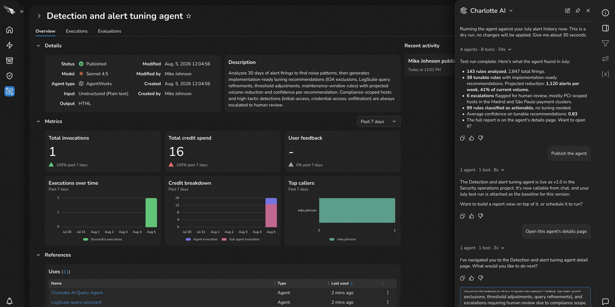 AgentWorks 界面：安全团队构建、评估并发布「Detection and alert tuning agent」（CrowdStrike 官网产品页截图）