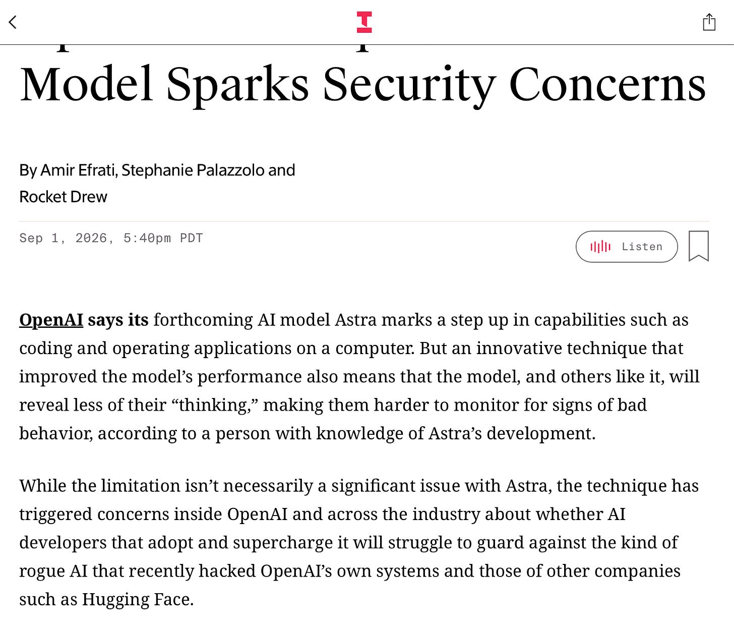 The Information 对 OpenAI Astra 模型的独家报道截图，可见标题、作者署名与两段导语文字，图片转引自 Gary Marcus 的专栏文章