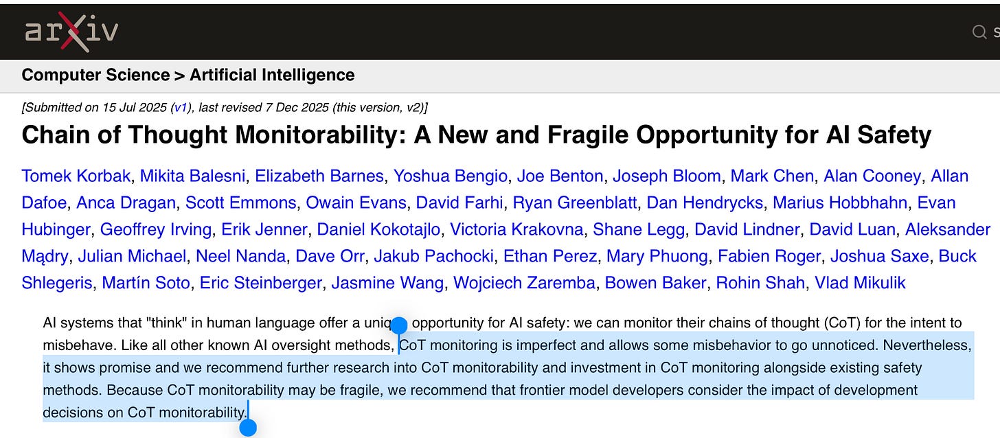 arXiv 论文《Chain of Thought Monitorability: A New and Fragile Opportunity for AI Safety》页面截图，可见标题、作者名单与被高亮的摘要（Gary Marcus 专栏配图）