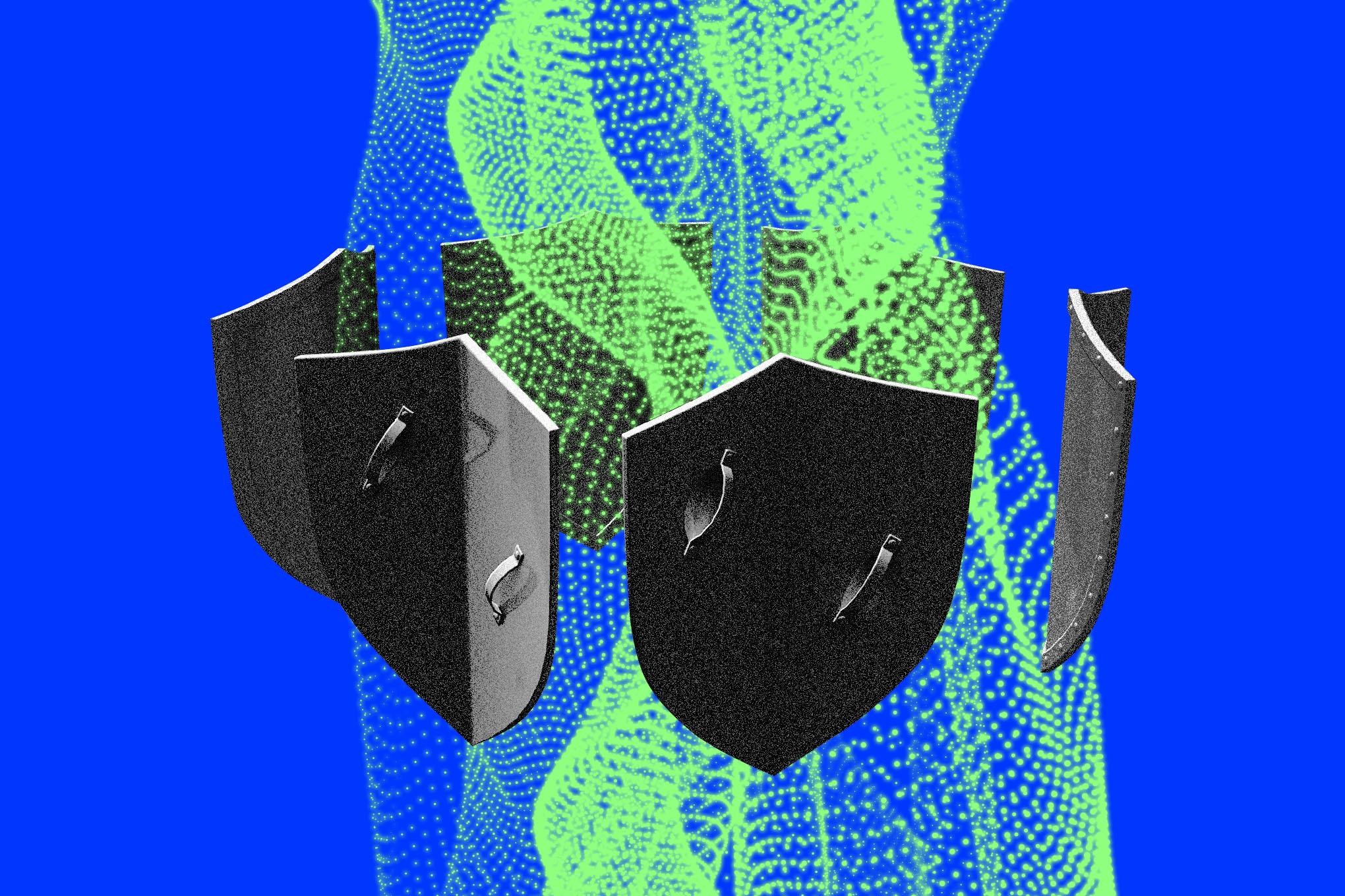 The Verge 为「OpenAI 解散 preparedness 团队」报道配的插图：蓝色背景上的黑色盾牌与绿色人形轮廓