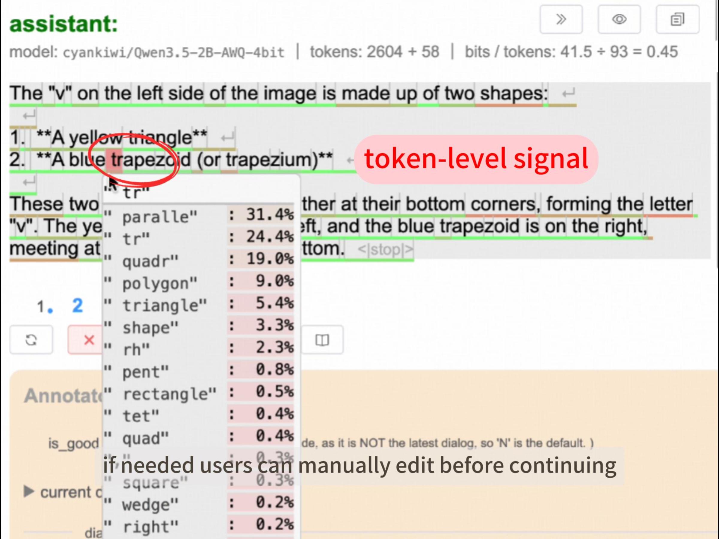 onPanda 的 token 级纠错界面：模型输出的 token 按概率着色，被圈出的低概率 token 点开后可见候选列表及其概率（官方演示画面）