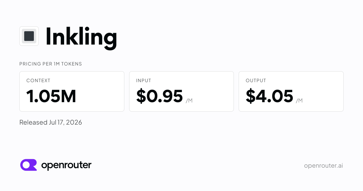 OpenRouter 上的 Inkling 模型卡：上下文 1.05M，输入 $0.95/百万 token、输出 $4.05/百万 token，页面标注发布于 2026 年 7 月 17 日