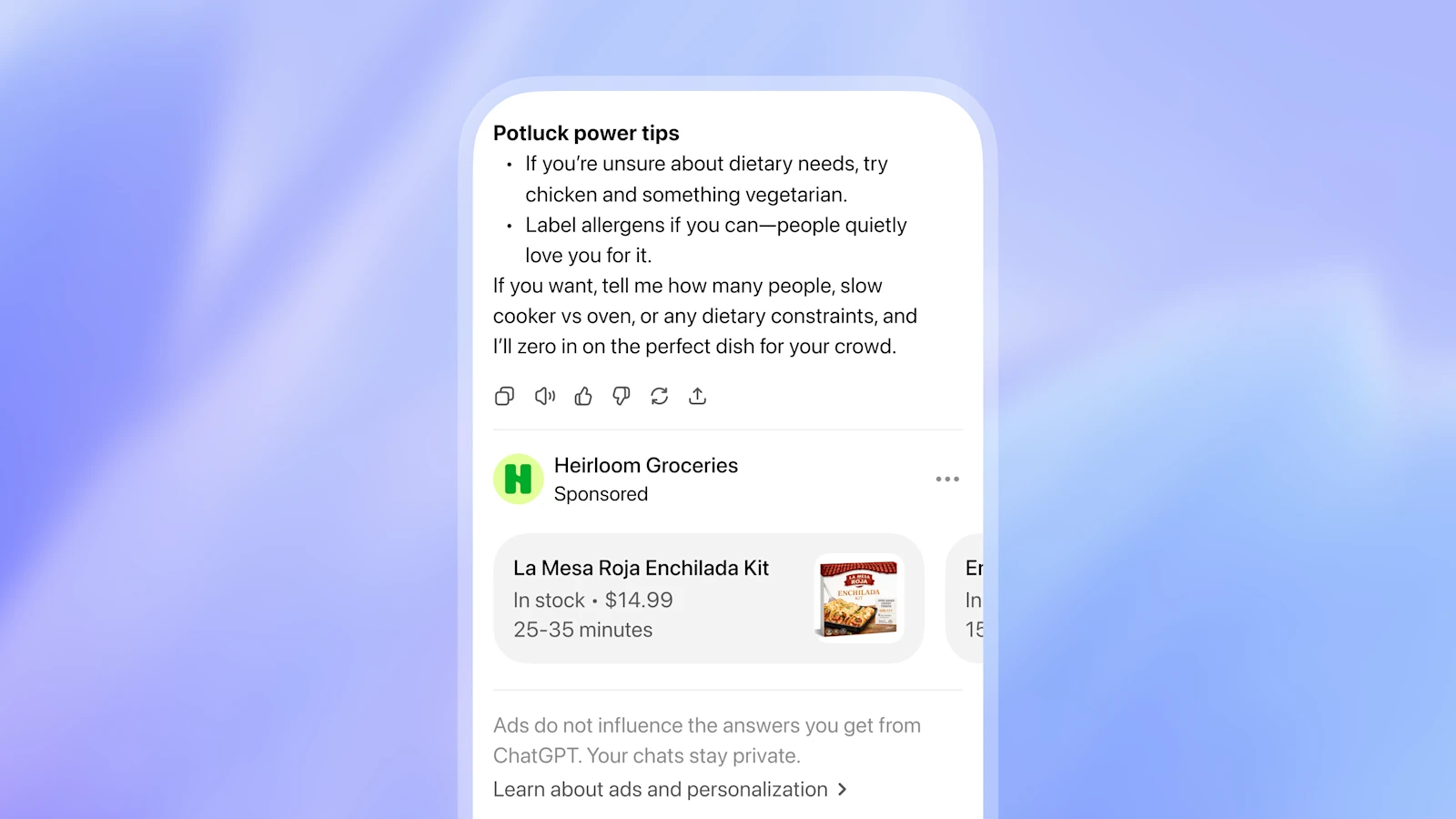 OpenAI 在广告测试公告中展示的 ChatGPT 广告示例：赞助商品卡片带有 Sponsored 标注，底部注明广告不影响回答、聊天保持私密