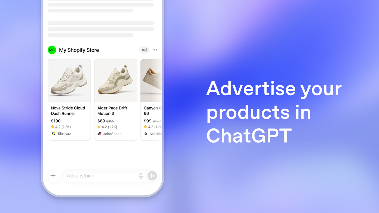 Shopify 应用商店中 ChatGPT Ads 应用的宣传图：ChatGPT 界面里展示标有 Ad 的 Shopify 店铺商品卡片，右侧写着“Advertise your products in ChatGPT”