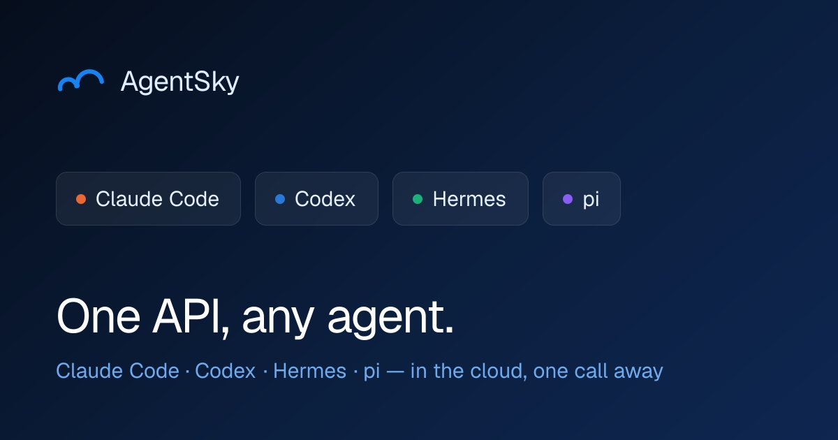 AgentSky 官网封面图，标语为 One API, any agent