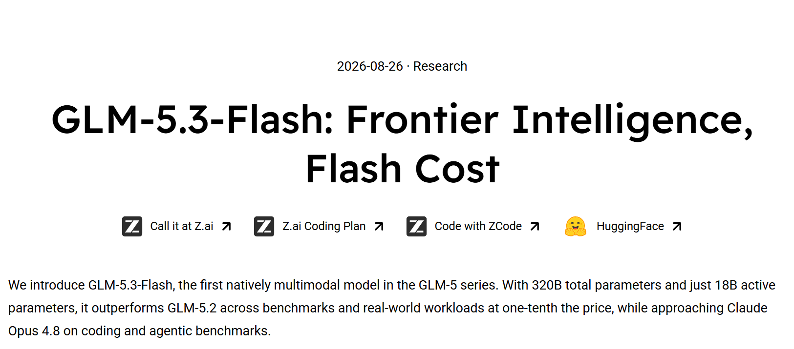 GLM-5.3-Flash 官方发布公告头图：Frontier Intelligence, Flash Cost（2026-08-26）