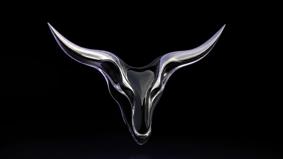 Ox Alpha 的牛首标志，黑色背景上的金属质感图形（图片来源：Ox Alpha）