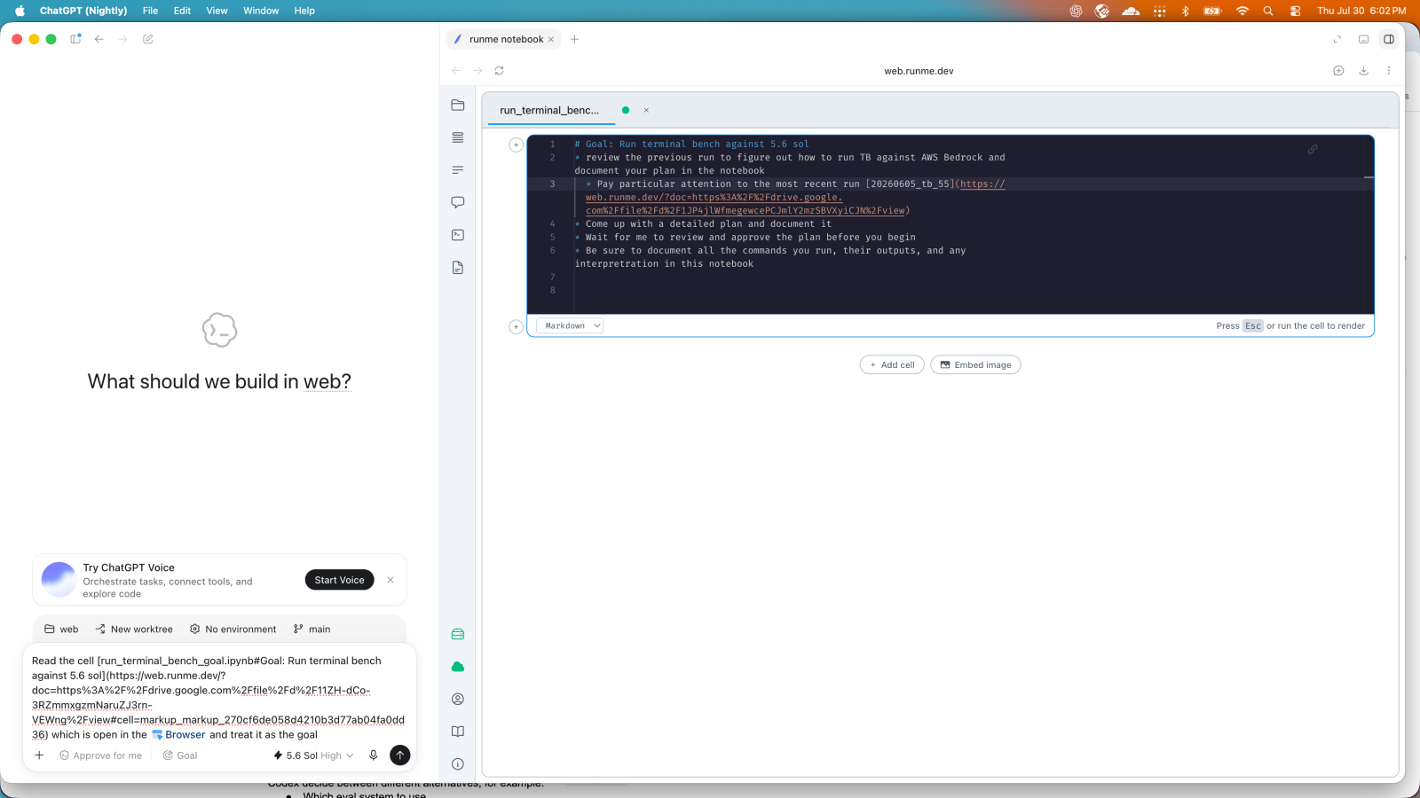 浏览器中打开的 Runme notebook 目标 cell，左侧为 ChatGPT 界面
