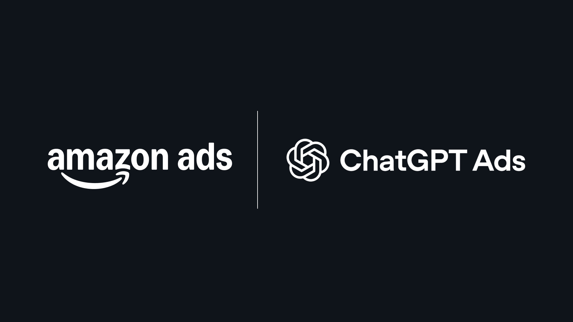 Amazon Ads 官方公告配图：深色背景上并排展示 amazon ads 与 ChatGPT Ads 两个标识