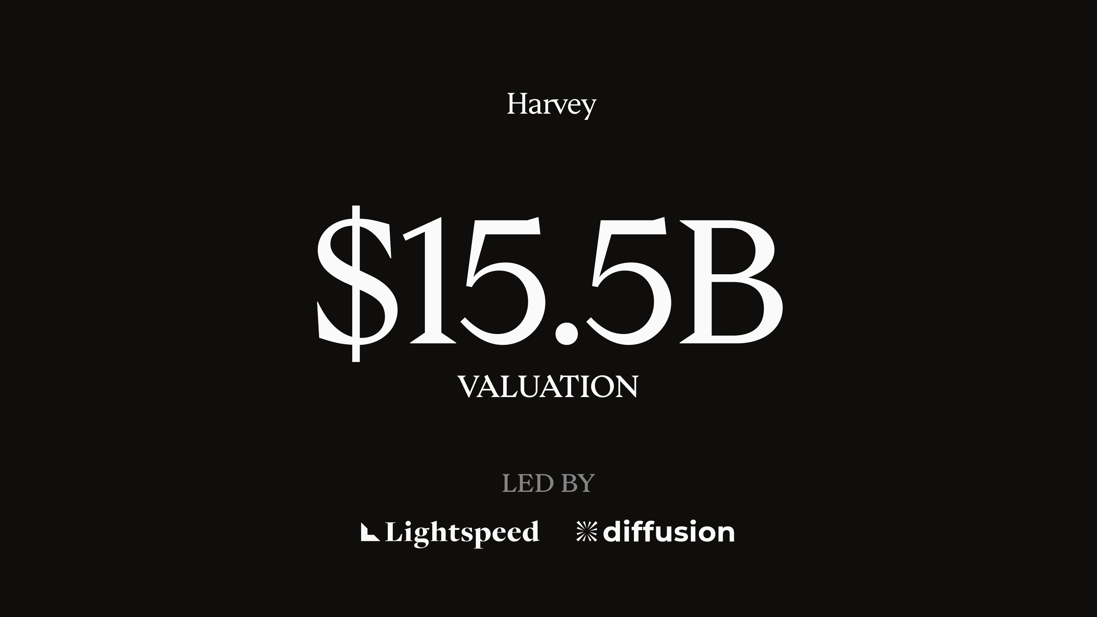 Harvey 融资官宣主视觉：黑底白字标出 $15.5B VALUATION，下方列出联合领投方 Lightspeed 与 Diffusion