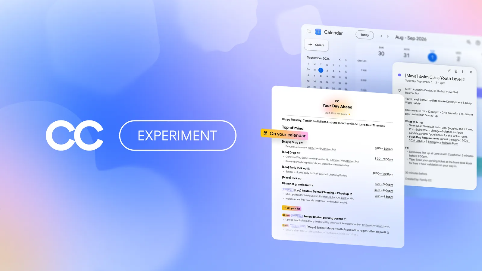 Google 官方示意图：家庭版 CC 的「Your Day Ahead」简报与日历界面