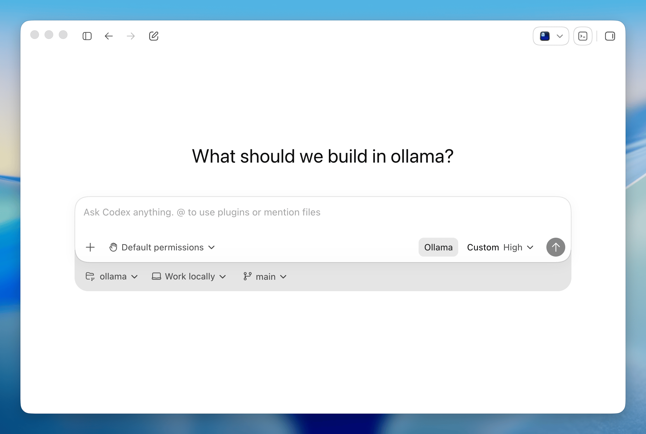 Ollama 文档展示的 Codex 应用界面：新建任务页的输入框旁带有 Ollama 模型标记（截图来源：Ollama 文档）