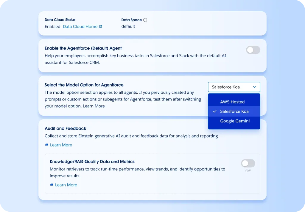Agentforce 设置中选择 Salesforce Koa 的界面（Salesforce Koa 产品页）