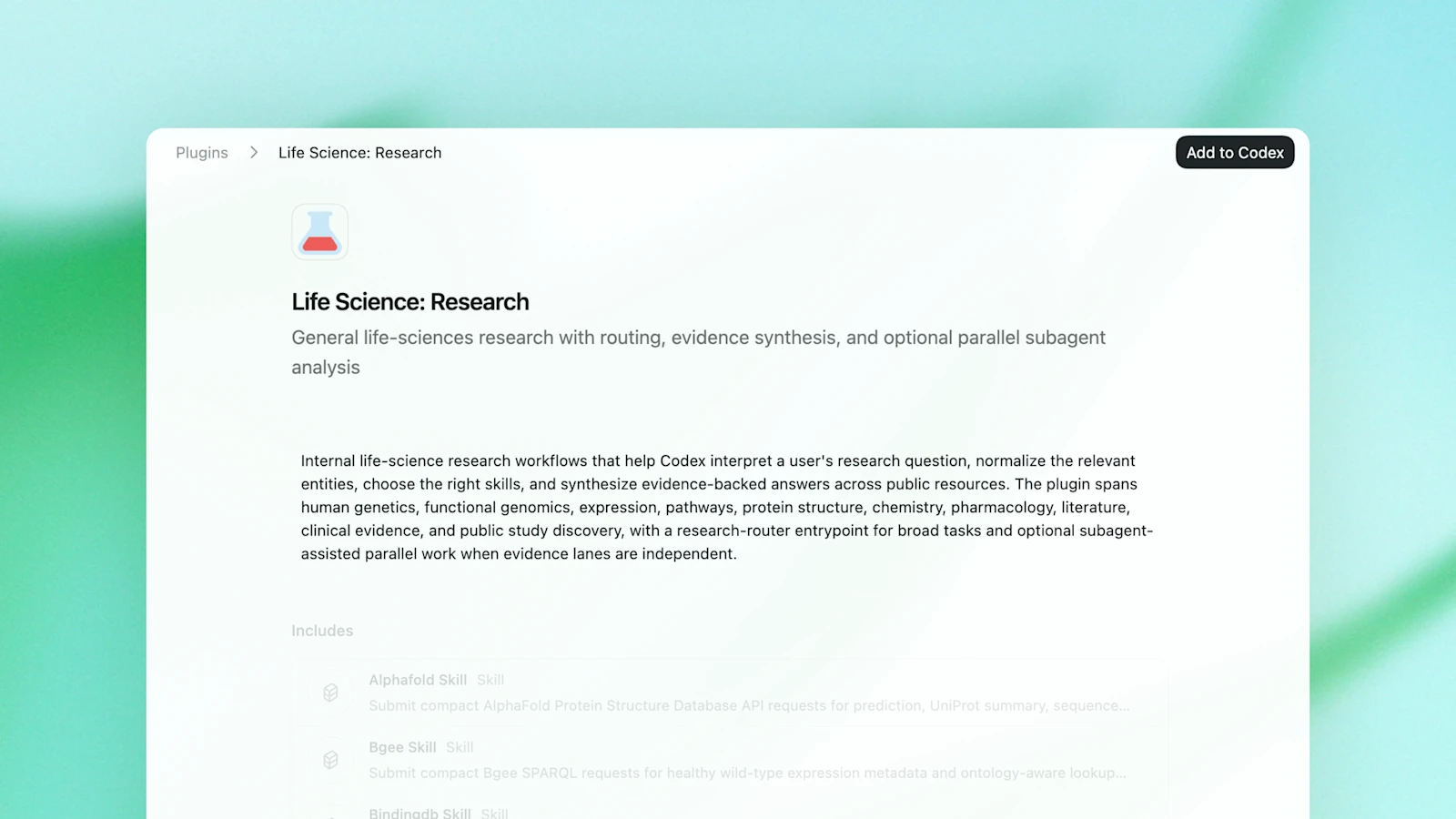Codex 插件页面截图：名为“Life Science: Research”的插件详情卡，右上角是“Add to Codex”按钮