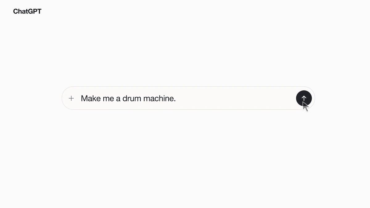 Justin Bleuel 宣布帖的演示视频画面：ChatGPT 输入框中输入 “Make me a drum machine.”