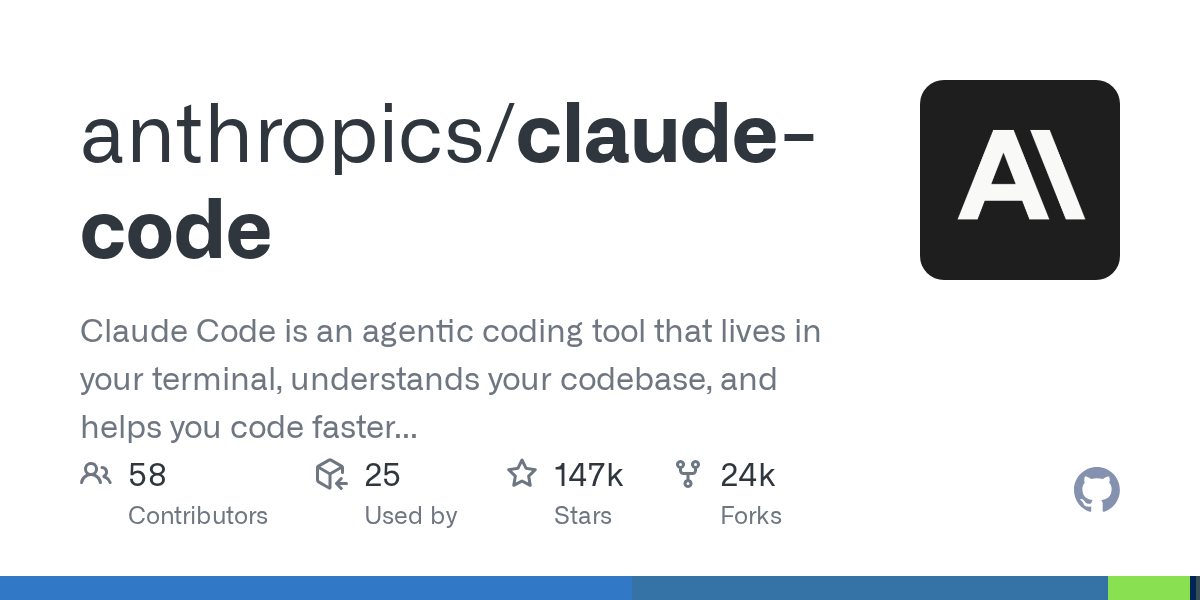 GitHub 上 anthropics/claude-code 仓库的页面卡片，显示仓库简介、星标与分支数量