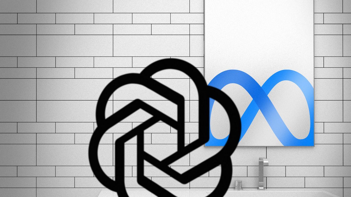 Axios 插画：OpenAI 风格的黑色 knot 标识叠放在 Meta 蓝色 infinity 标识前